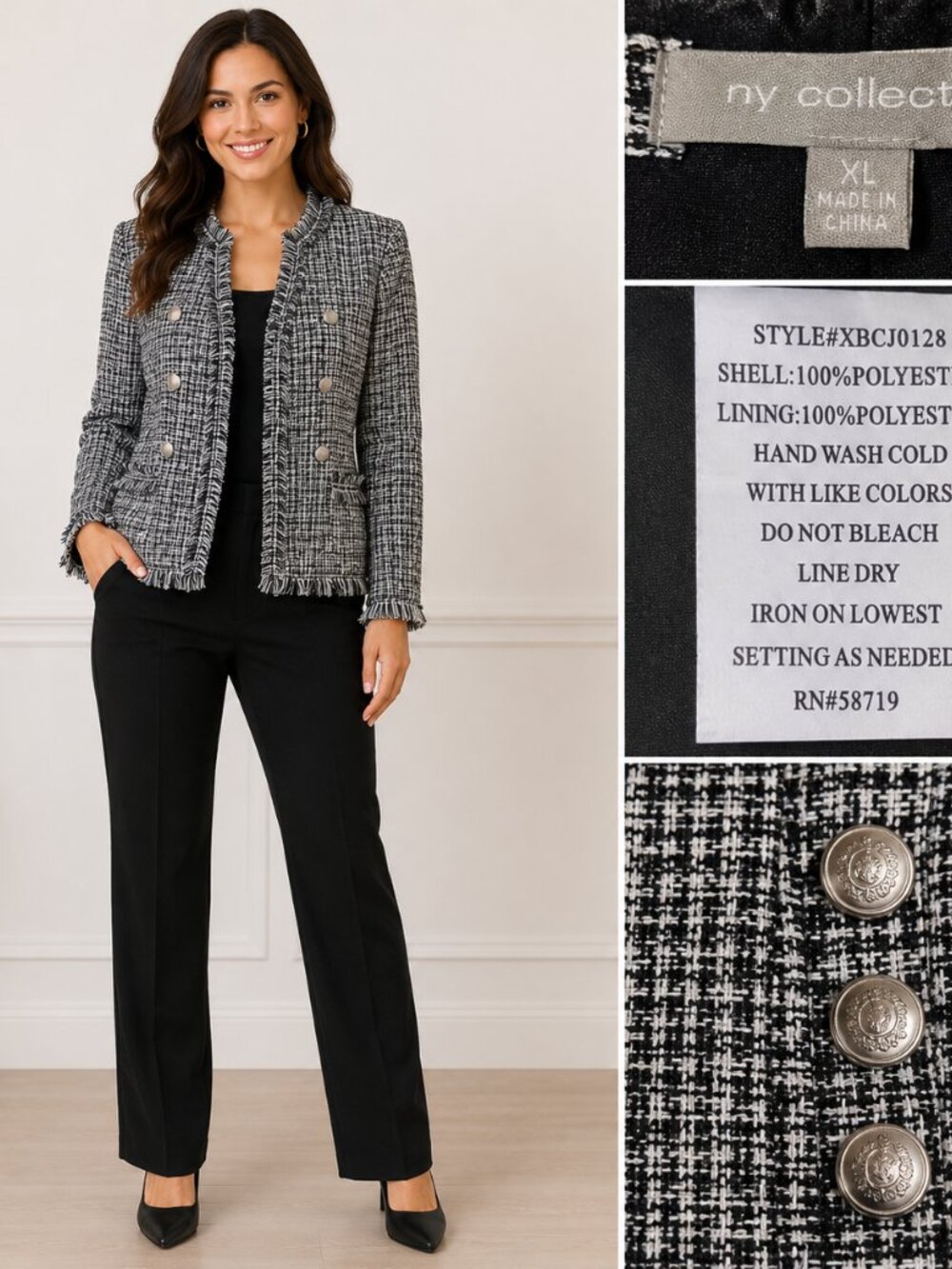 NY Collection XL Black White Tweed Fringe Blazer Jacket Silver Buttons